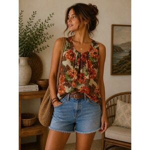 Talbots 100% Silk Floral Sleeveless Blouse Pleated Neck Romantic Boho Feminine 4